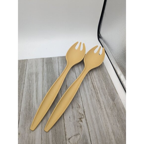 Tupperware #3 Harvest Gold Lot of 2 Salad Spoons Sporks Serving Utensil 12" - Picture 1 of 9